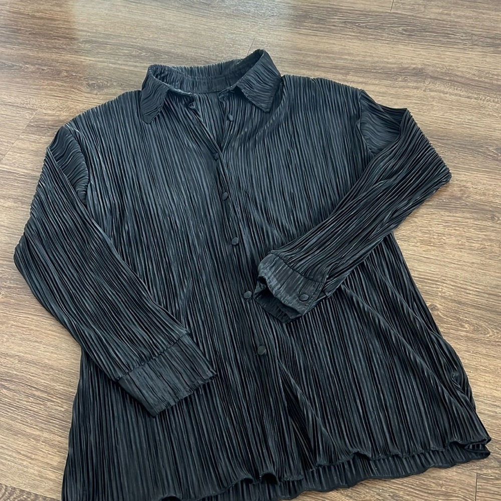 Black pleated button down